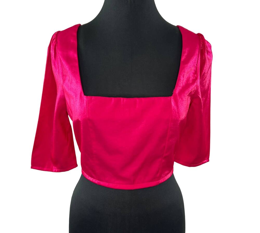 NWT Nasty Gal Magenta Pink Puff Sleeve Square Neck Cropped Glass Fabric Top Sz 4